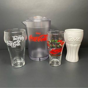 Lot of 4 Vintage Coca-Cola Lg Glass Cup Holiday/ Pitcher - Good Condition